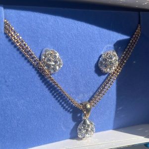 Avon Pave Crystals Teardrop Necklace and Earrings Triple Bead Ball Chain